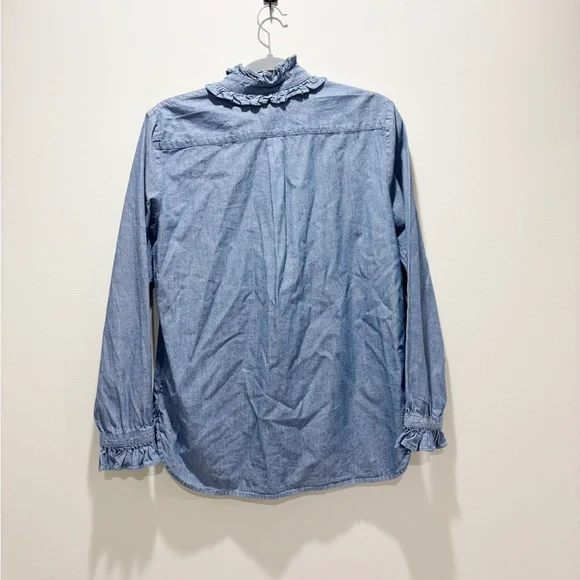 J CREW • Women’s Classic Fit Ruffle Neck Cotton Chambray Denim Button Up Shirt - Picture 3 of 6